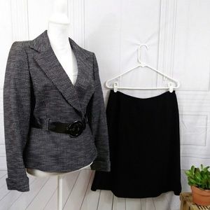 Tahari Skirt Suit Black and Gray Belted Blazer Size 14